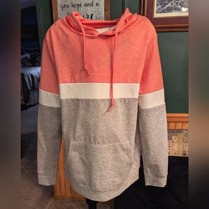 Shein Women's Colorblock Hooded Sweatshirt- Coral, White, and Gray. Size Large